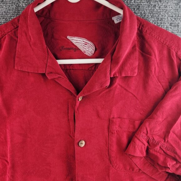 Tommy Bahama Red All Silk Floral Button Up Camp Shirt Large Pocket Hawaii - Picture 1 of 16